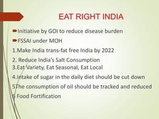EAT RIGHT INDIA
Initiative by GOI to reduce disease burden
FSSAI under MOH
1.Make India trans-fat free India by 2022
2. Reduce India’s Salt Consumption
3.Eat Variety, Eat Seasonal, Eat Local
4.Intake of sugar in the daily diet should be cut down
5The consumption of oil should be tracked and reduced
6 Food Fortification
 