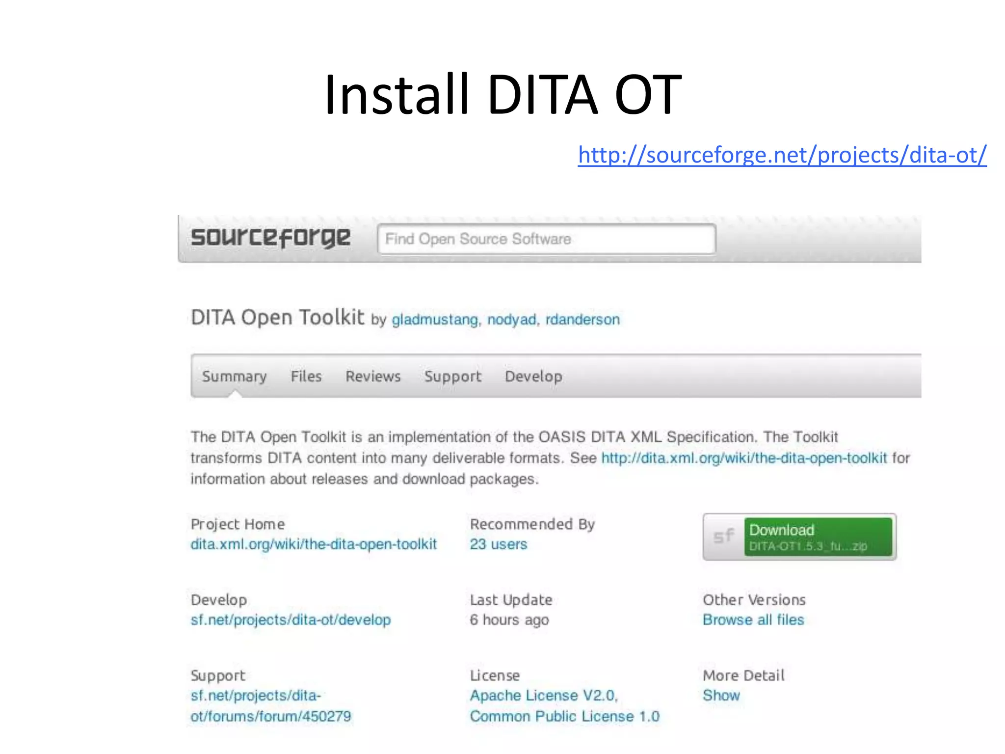 Install DITA OThttp://sourceforge.net/projects/dita-ot/