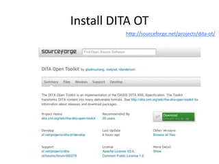 Install DITA OThttp://sourceforge.net/projects/dita-ot/