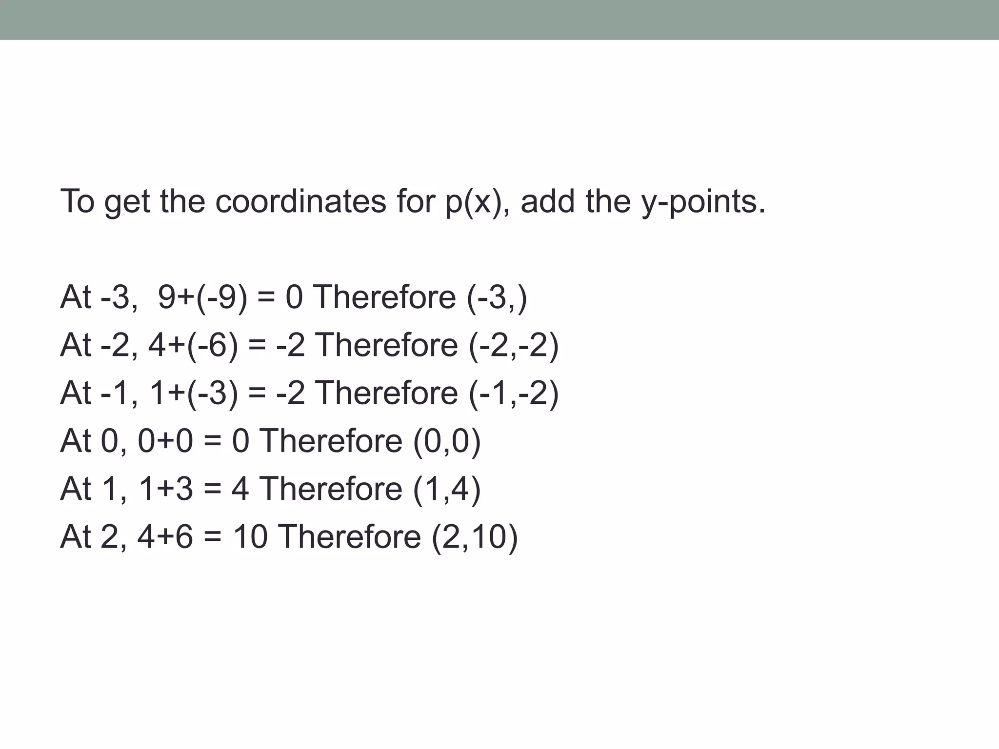To get the coordinates for p(x), add the y-points.

At -3, 9+(-9) = 0 Therefore (-3,)
At -2, 4+(-6) = -2 Therefore (-2,-2)
At -1, 1+(-3) = -2 Therefore (-1,-2)
At 0, 0+0 = 0 Therefore (0,0)
At 1, 1+3 = 4 Therefore (1,4)
At 2, 4+6 = 10 Therefore (2,10)
 