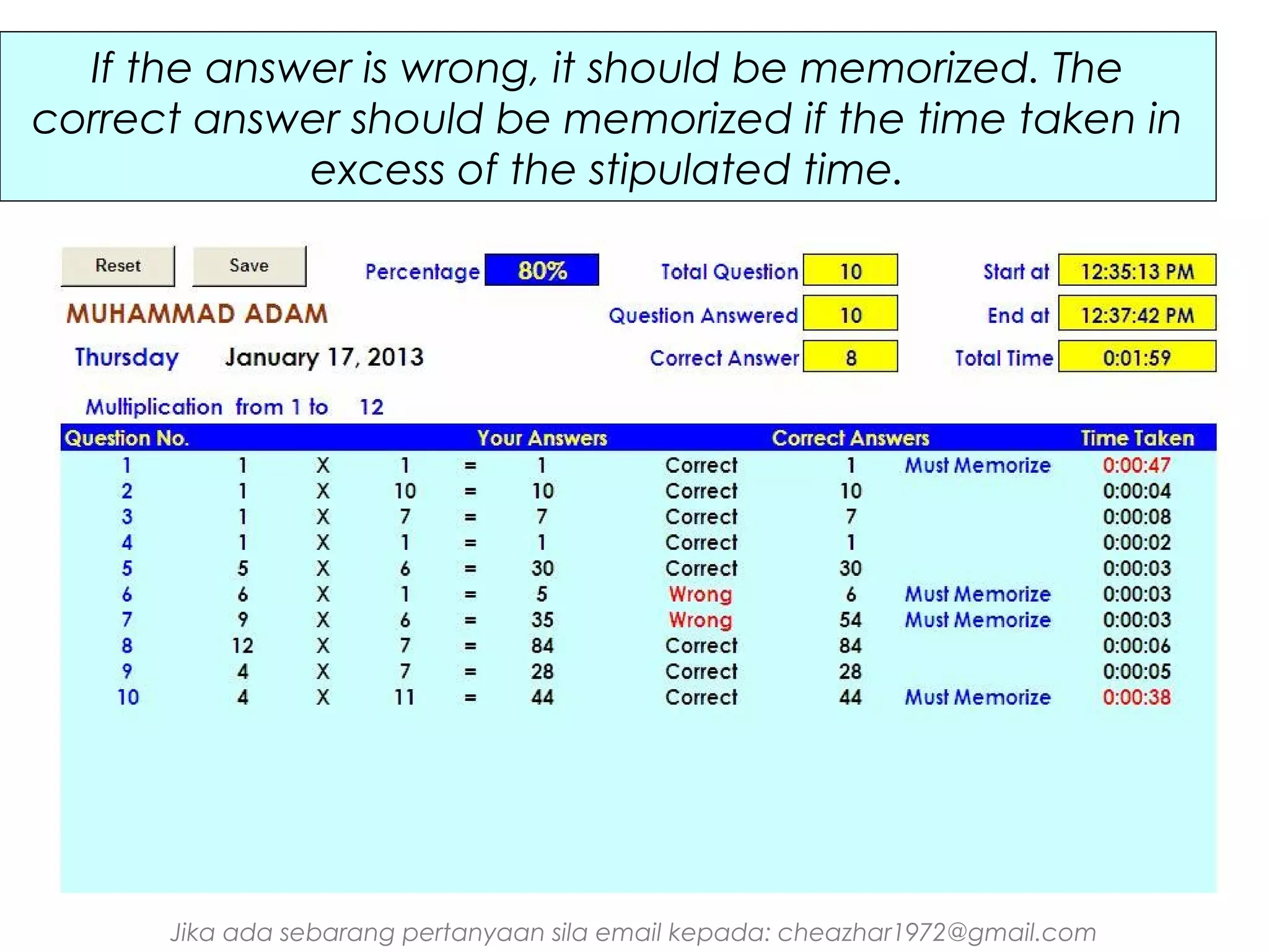If the answer is wrong, it should be memorized. The
correct answer should be memorized if the time taken in
excess of the stipulated time.

Jika ada sebarang pertanyaan sila email kepada: cheazhar1972@gmail.com

 