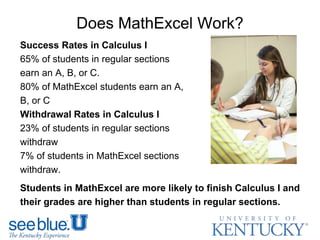 Does MathExcel Work?
Success Rates in Calculus I
65% of students in regular sections
earn an A, B, or C.
80% of MathExcel students earn an A,
B, or C
Withdrawal Rates in Calculus I
23% of students in regular sections
withdraw
7% of students in MathExcel sections
withdraw.
Students in MathExcel are more likely to finish Calculus I and
their grades are higher than students in regular sections.
 