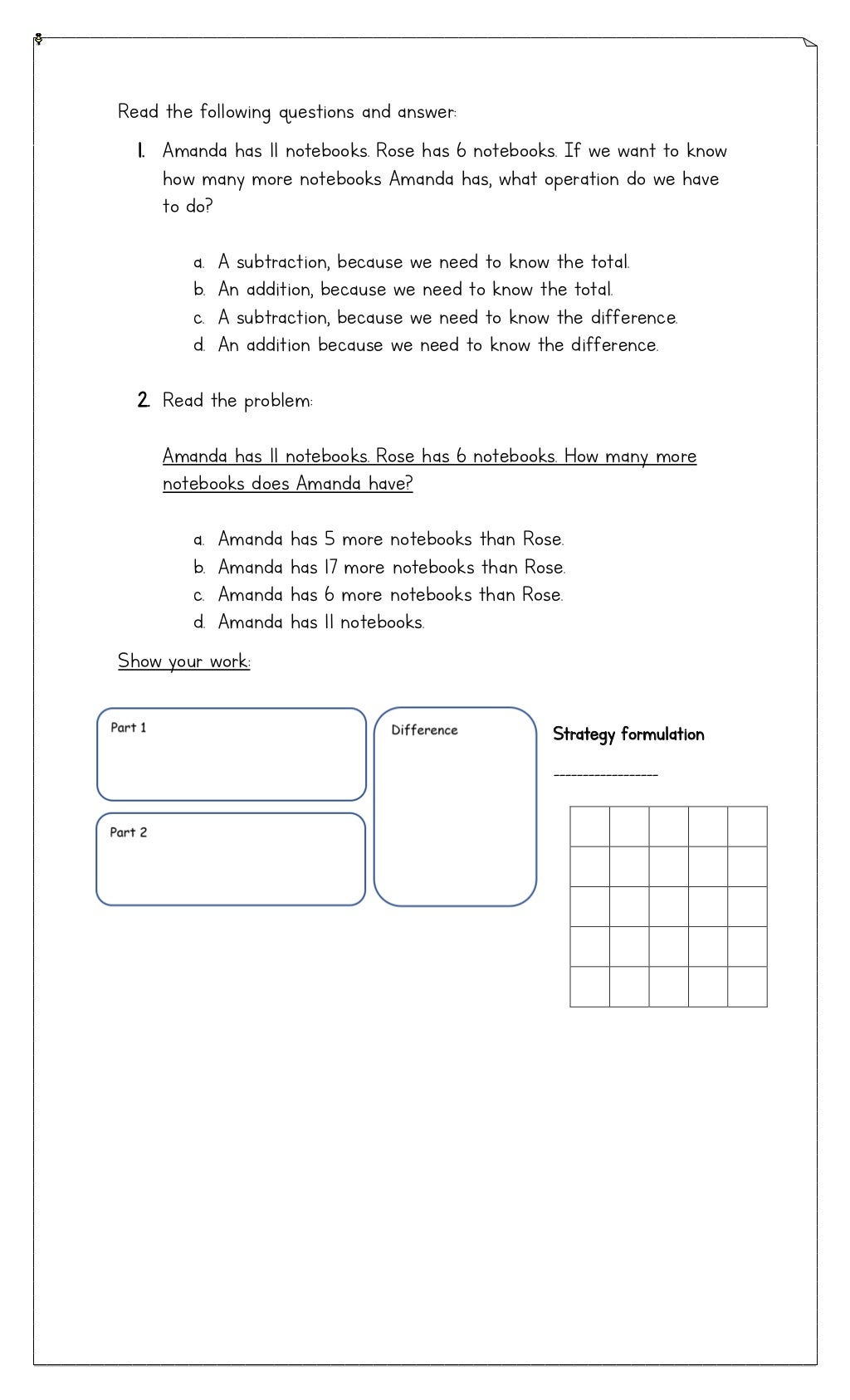 Math Exercise Workshop Additive Comparison Word Problems Math exercise workshop additive comparison word problems