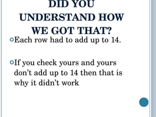 DID YOU UNDERSTAND HOW WE GOT THAT? Each row had to add up to 14. If you check yours and yours don’t add up to 14 then that is why it didn’t work  