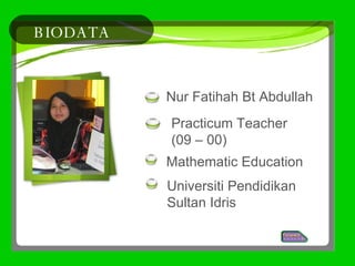 BIODATA Nur Fatihah Bt Abdullah Practicum Teacher  (09 – 00) Mathematic Education Universiti Pendidikan  Sultan Idris 