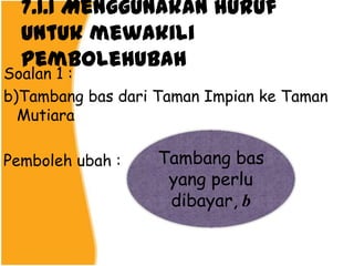 7.1.1 Menggunakan huruf
  untuk mewakili
  pembolehubah
Soalan 1 :
b)Tambang bas dari Taman Impian ke Taman
  Mutiara

Pemboleh ubah :    Tambang bas
                    yang perlu
                    dibayar, b
 