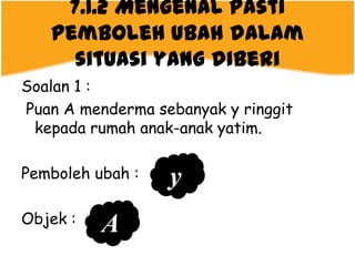 7.1.2 Mengenal pasti
   pemboleh ubah dalam
     situasi yang diberi
Soalan 1 :
Puan A menderma sebanyak y ringgit
 kepada rumah anak-anak yatim.

Pemboleh ubah :   y
Objek :
          A
 