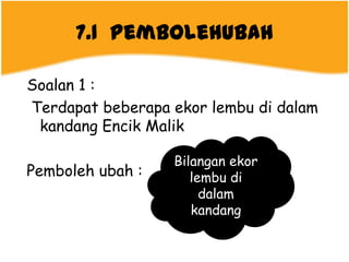 7.1 Pembolehubah

Soalan 1 :
Terdapat beberapa ekor lembu di dalam
 kandang Encik Malik

                  Bilangan ekor
Pemboleh ubah :      lembu di
                       dalam
                     kandang
 
