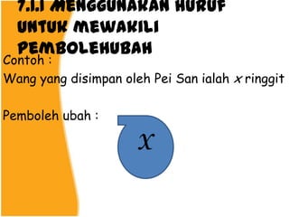 7.1.1 Menggunakan huruf
  untuk mewakili
  pembolehubah
Contoh :
Wang yang disimpan oleh Pei San ialah x ringgit

Pemboleh ubah :
                      x
 