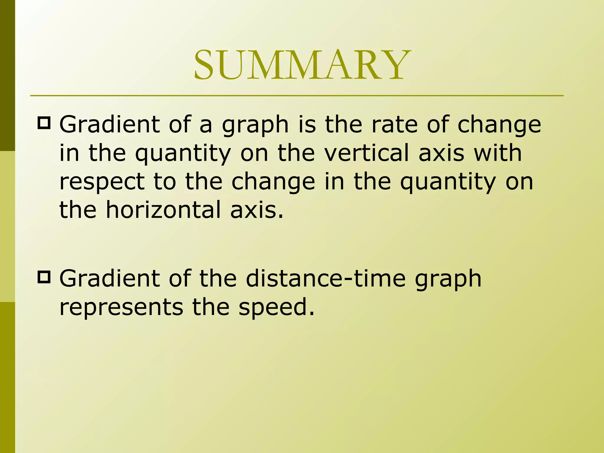 SUMMARY Gradient of a graph is the rate of change in the quantity on the vertical axis with respect to the change in the quantity on the horizontal axis. Gradient of the distance-time graph represents the speed. 
