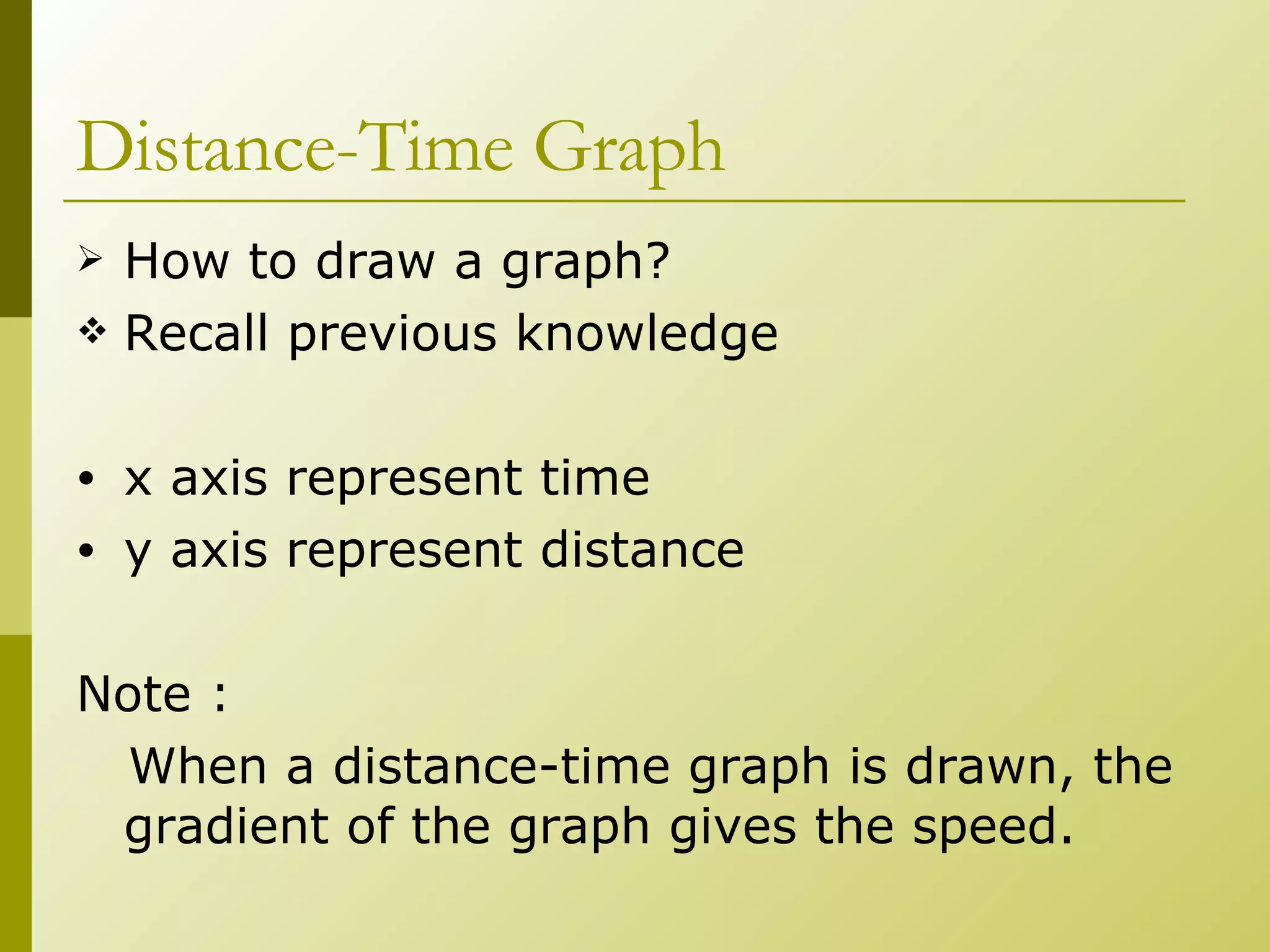 Distance-Time Graph How to draw a graph? Recall previous knowledge x axis represent time y axis represent distance Note : When a distance-time graph is drawn, the gradient of the graph gives the speed. 