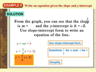 SOLUTION
Write an equation given the slope and y-interceptEXAMPLE 6
From the graph, you can see that the slope
is m = and the y-intercept is b = –2.
Use slope-intercept form to write an
equation of the line.
3
4
y = mx + b Use slope-intercept form.
y = x + (–2)
3
4
Substitute for m and –2 for b
.
3
4
y = x (–2)3
4
Simplify.
 