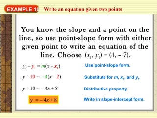 Write an equation given two pointsEXAMPLE 10
You know the slope and a point on the
line, so use point-slope form with either
given point to write an equation of the
line. Choose (x1, y1) = (4, – 7).
y2 – y1 = m(x – x1) Use point-slope form.
y – 10 = – 4(x – 2) Substitute for m, x1, and y1.
y – 10 = – 4x + 8 Distributive property
Write in slope-intercept form.y = – 4x + 8
 