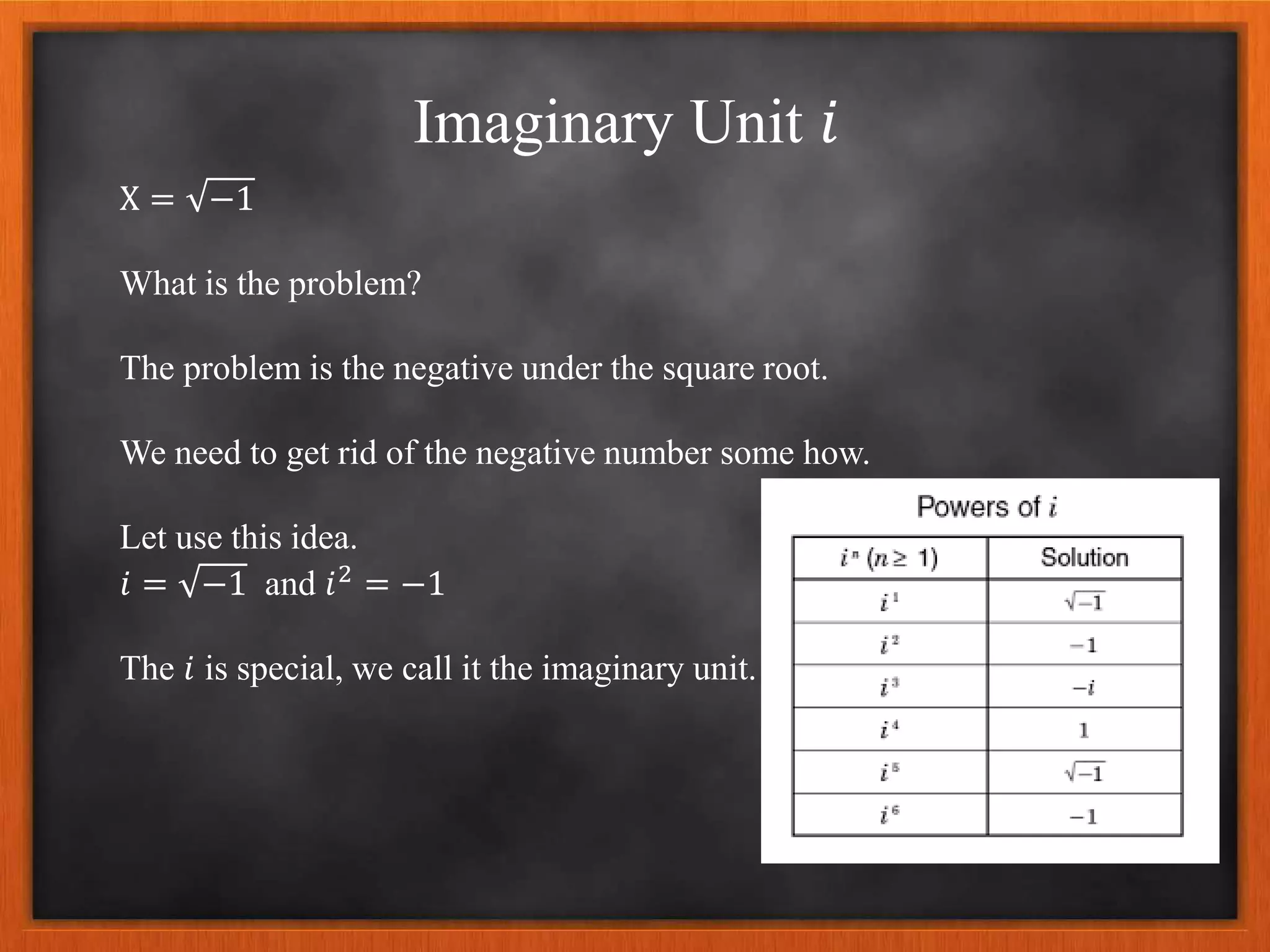 Imaginary Unit 𝑖
X = −1
What is the problem?
The problem is the negative under the square root.
We need to get rid of the negative number some how.
Let use this idea.
𝑖 = −1 and 𝑖2 = −1
The 𝑖 is special, we call it the imaginary unit.
 