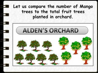 Let us compare the number of Mango
trees to the total fruit trees
planted in orchard.
 