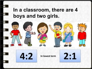 In a classroom, there are 4
boys and two girls.
4:2 2:1In lowest term
 