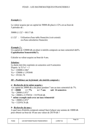 FOAD – LES MATHEMATIQUES FINANCIERES I 
Exemple 1 : 
La valeur acquise par un capital de 50000 dh placé à 12% est au bout de 
5 périodes de : 
50000 (1.12)5 = 88117 dh 
(1.12)5 : Utilisation d'une table financière (voir extrait) 
ou d'une calculatrice financière 
Exemple 2 : 
Un capital de 120000 dh est placé à intérêts composés au taux semestriel de6%. 
Capitalisation Semestrielle(*). 
Calculer sa valeur acquise au bout de 4 ans. 
Solution: 
La durée doit être exprimée en semestres soit 8 semestres 
D'après la T.F n° = 1 
Va = 120000 (1.06)8 
Va = 120000 x 1.593848 
Va = 191261.76 
III – Problèmes sur la formule des intérêts composés : 
a- Recherche de la valeur acquise : 
Un capital de 20000 dh a été placé pendant 7 ans au taux semestriel de 7% 
C = 20000 t = 7% n = 7 ans soit 14 semestres 
Va = 20000 (1.07)14 
Va = 20000 x 2.578534 = 51570.68 dh 
* même exemple mais avec un taux trimestriel 
Va = 20000 (1.07)28 
Va = 132976.76 dh 
b- Recherche du taux : 
A quel taux d'intérêts composés annuel faut-il placer une somme de 10000 dh 
pour obtenir au bout de 10 ans une valeur de 26370 dh ? 
FOAD LES MATHEMATIQUES FINANCIERES I LIVRET 52 
Page 28 
 
