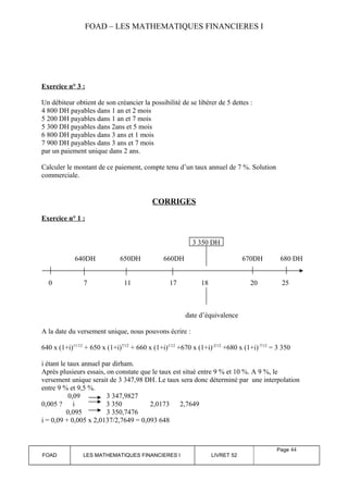 FOAD – LES MATHEMATIQUES FINANCIERES I 
Exercice n° 3 : 
Un débiteur obtient de son créancier la possibilité de se libérer de 5 dettes : 
4 800 DH payables dans 1 an et 2 mois 
5 200 DH payables dans 1 an et 7 mois 
5 300 DH payables dans 2ans et 5 mois 
6 800 DH payables dans 3 ans et 1 mois 
7 900 DH payables dans 3 ans et 7 mois 
par un paiement unique dans 2 ans. 
Calculer le montant de ce paiement, compte tenu d’un taux annuel de 7 %. Solution 
commerciale. 
CORRIGES 
Exercice n° 1 : 
3 350 DH 
640DH 650DH 660DH 670DH 680 DH 
0 7 11 17 18 20 25 
date d’équivalence 
A la date du versement unique, nous pouvons écrire : 
640 x (1+i)11/12 + 650 x (1+i)7/12 + 660 x (1+i)1/12 +670 x (1+i)-2/12 +680 x (1+i)-7/12 = 3 350 
i étant le taux annuel par dirham. 
Après plusieurs essais, on constate que le taux est situé entre 9 % et 10 %. A 9 %, le 
versement unique serait de 3 347,98 DH. Le taux sera donc déterminé par une interpolation 
entre 9 % et 9,5 %. 
0,09 3 347,9827 
0,005 ? i 3 350 2,0173 2,7649 
0,095 3 350,7476 
i = 0,09 + 0,005 x 2,0137/2,7649 = 0,093 648 
FOAD LES MATHEMATIQUES FINANCIERES I LIVRET 52 
Page 44 
 