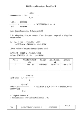 FOAD – mathématiques financières II 
(1,15)n - 1 
1000000 = 49252,06 x 
0,15 
(1,15) - 1 1000000 
= = 20,30371928 soit n = 10 
0,15 49252,06 
Durée de remboursement de l’emprunt : 10 
2. La cinquième ligne du tableau d’amortissement comprend le cinquième 
amortissement 
D5 = D1 x (1 + i)4 = 49252,06 x (1,15)4 
= 49252,06 x 1,74900625 = 86142,16 DH 
Capital restant dû au début de la cinquième année : 
667923,82 + 86142,16 = 754065,98 DH 
Intérêts : 754065,98 x 0,15 = 113109,90 DH 
Année Capital restant 
dû 
Intérêt Amortisseme 
nt 
Annuité 
5 754065,98 113109,90 86142,16 199252,06 
1 - (1 + i)-n 
Vérification : V0 = a x 
i 
1 - (1,15)-10 
199252,06 x = 199252,06 x 5,018768626 = 999999,99 soit 
1000000 DH 
0,15 
II - Emprunt formule B 
1. Taux semestriel équivalent au taux annuel 15 % 
FOAD MATHEMATIQUES FINANCIERES II LIVRET 52 BIS 
Page 37 
 