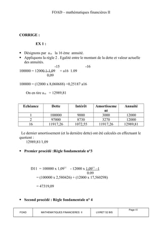 FOAD – mathématiques financières II 
CORRIGE : 
EX 1 : 
 Désignons par a16 la 16 ème annuité. 
 Appliquons la règle 2 . Egalité entre le montant de la dette et valeur actuelle 
des annuités. 
-15 -16 
100000 = 12000 1-1,09 + a16 1.09 
0,09 
100000 = (12000 x 8,060688) +0,25187 a16 
On en tire a16 = 12989,81 
Echéance Dette Intérêt Amortisseme 
nt 
Annuité 
1 100000 9000 3000 12000 
2 97000 8730 3270 12000 
16 11917,26 1072,55 11917,26 12989,81 
Le dernier amortissement (et la dernière dette) ont été calculés en effectuant le 
quotient : 
12989,81/1,09 
 Premier procédé :Règle fondamentale n°3 
D11 = 100000 x 1,0911 - 12000 x 1,09 11 –1 
0.09 
= (100000 x 2,580426) + (12000 x 17,560298) 
= 47319,09 
 Second procédé : Règle fondamentale n° 4 
FOAD MATHEMATIQUES FINANCIERES II LIVRET 52 BIS 
Page 41 
 