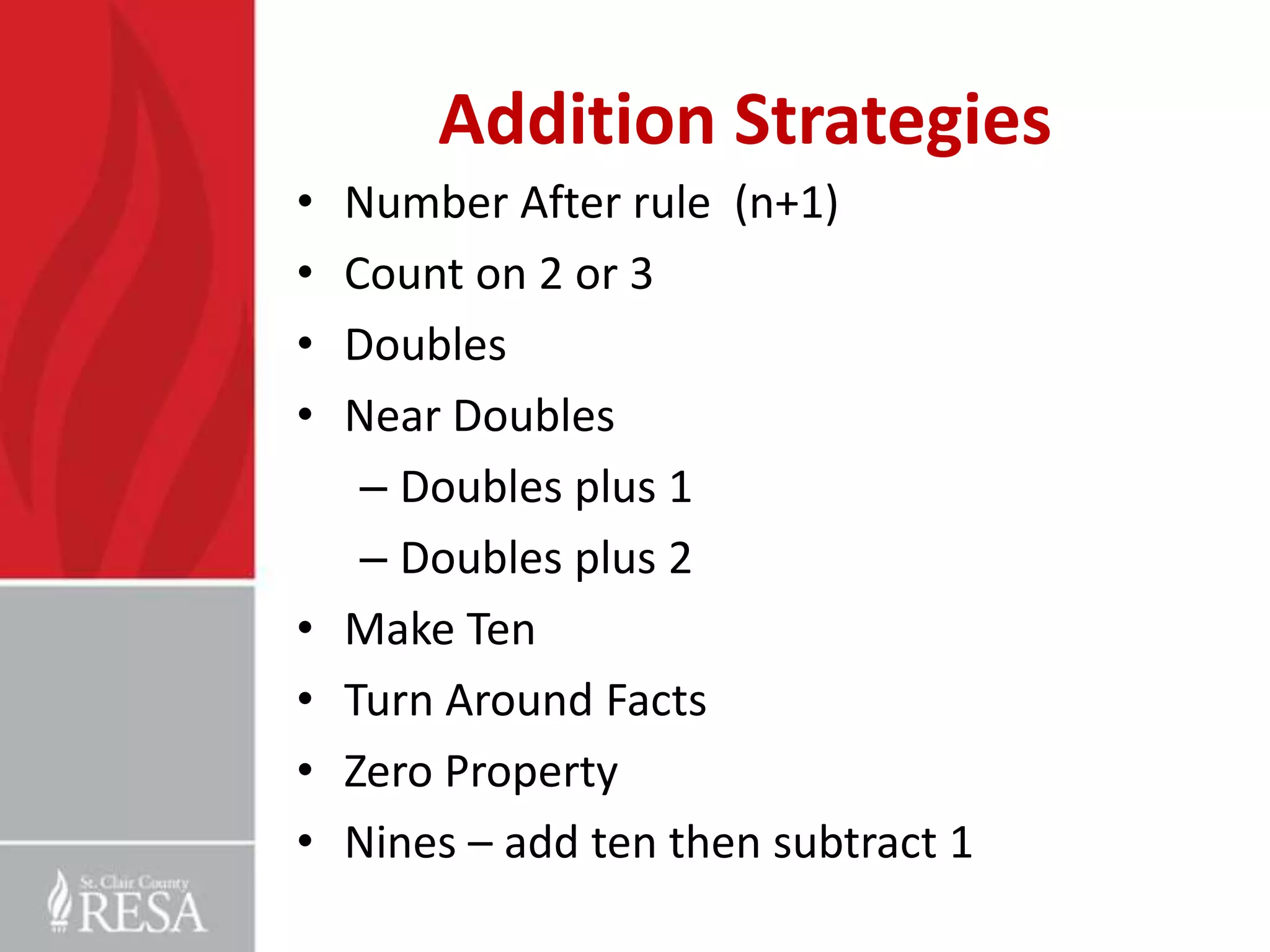 Addition Strategies
•   Number After rule (n+1)
•   Count on 2 or 3
•   Doubles
•   Near Doubles
     – Doubles plus 1
     – Doubles plus 2
•   Make Ten
•   Turn Around Facts
•   Zero Property
•   Nines – add ten then subtract 1
 