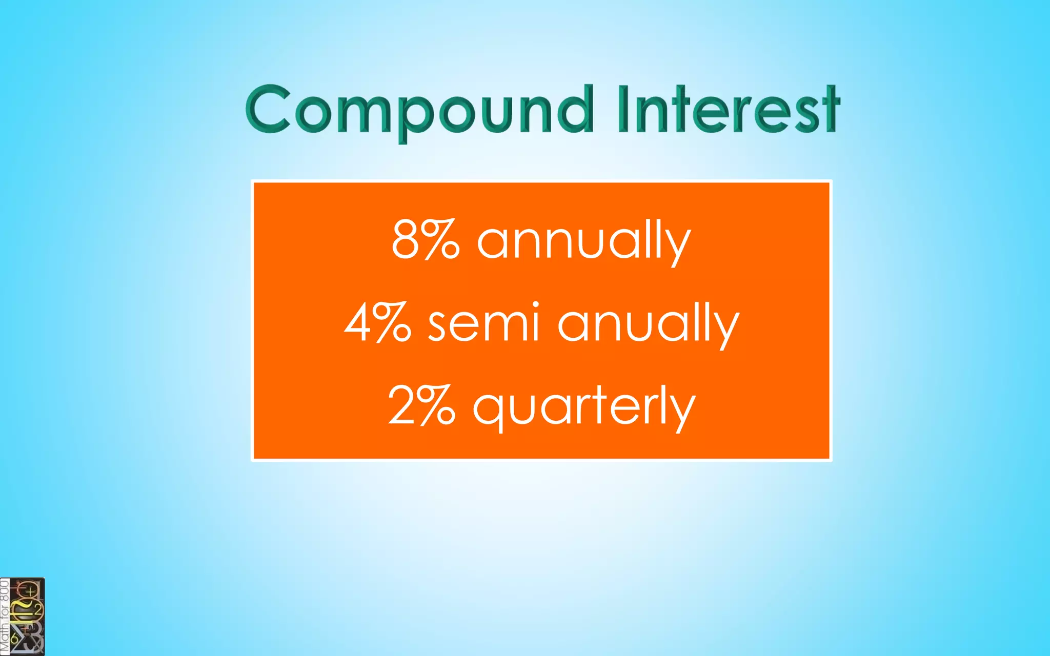 COMBINED PERCENT
DECREASE
A price went down 10% one year, and
the new price went down 20% the next
year. What is the combined percent
decrease?
 28% decrease
90 80
100 72
100 100
  
 