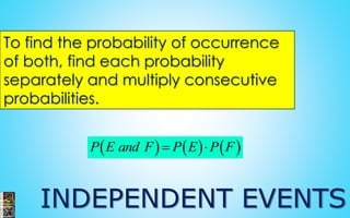 INDEPENDENT EVENTSTo find the probability of occurrence of both, find each probability separately and multiply consecutive probabilities. 
PEandFPEPF  