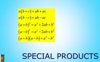  
 
 
 
  
2 2 2
2 2 2
2 2
2
2
a b c ab ac
a b c ab ac
a b a ab b
a b a ab b
a b a b a b
  
  
   
   
   
SPECIAL PRODUCTS
 