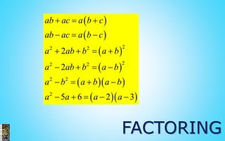  
 
 
 
  
  
22 2
22 2
2 2
2
2
2
5 6 2 3
ab ac a b c
ab ac a b c
a ab b a b
a ab b a b
a b a b a b
a a a a
  
  
   
   
   
    
FACTORING
 