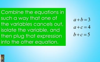 Combine the equations in
such a way that one of
the variables cancels out,
isolate the variable, and
then plug that expression
into the other equation.
3
4
5
a b
a c
b c
 
 
 
 