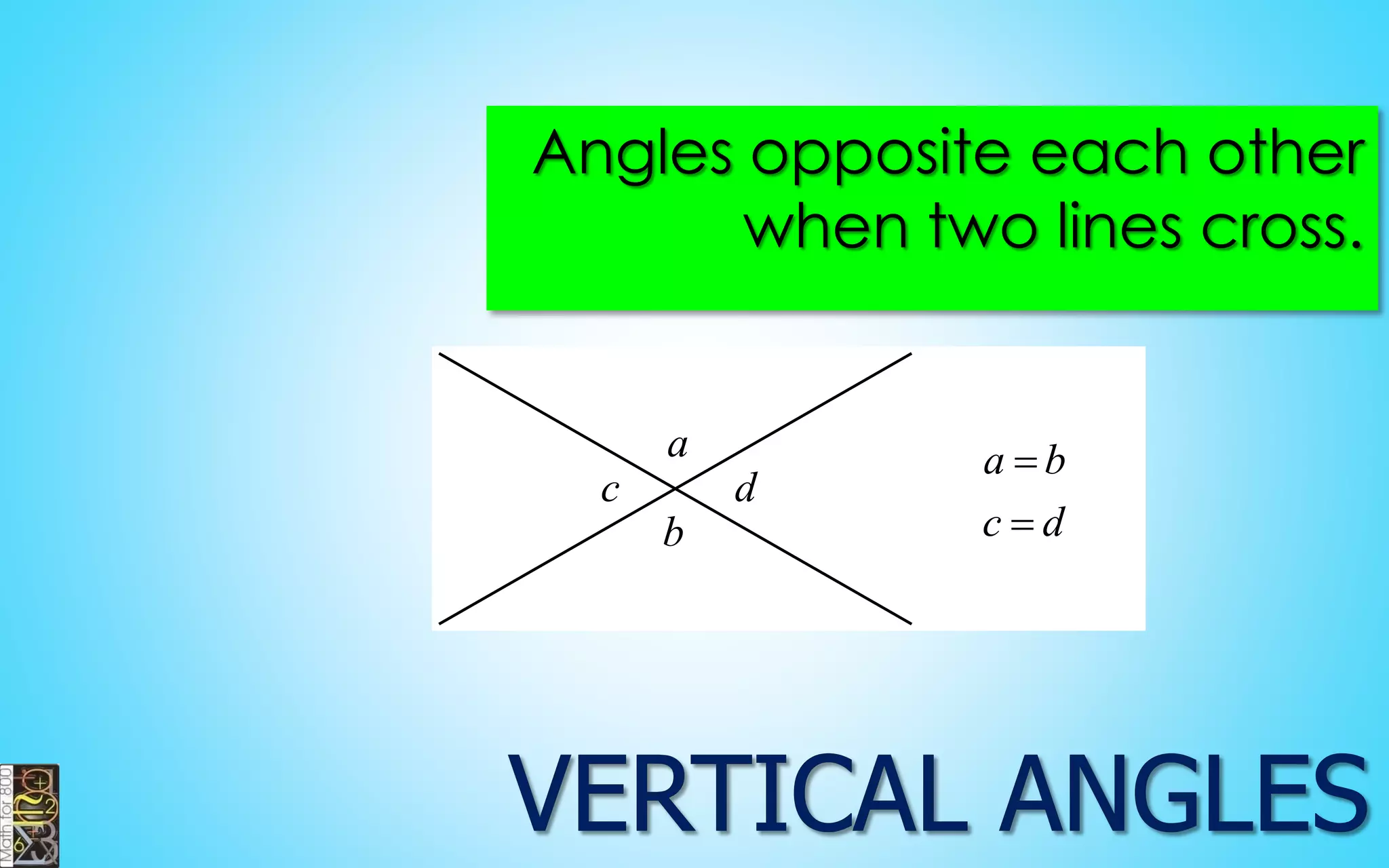 Angles opposite each other when two lines cross. 
acbdabcd    