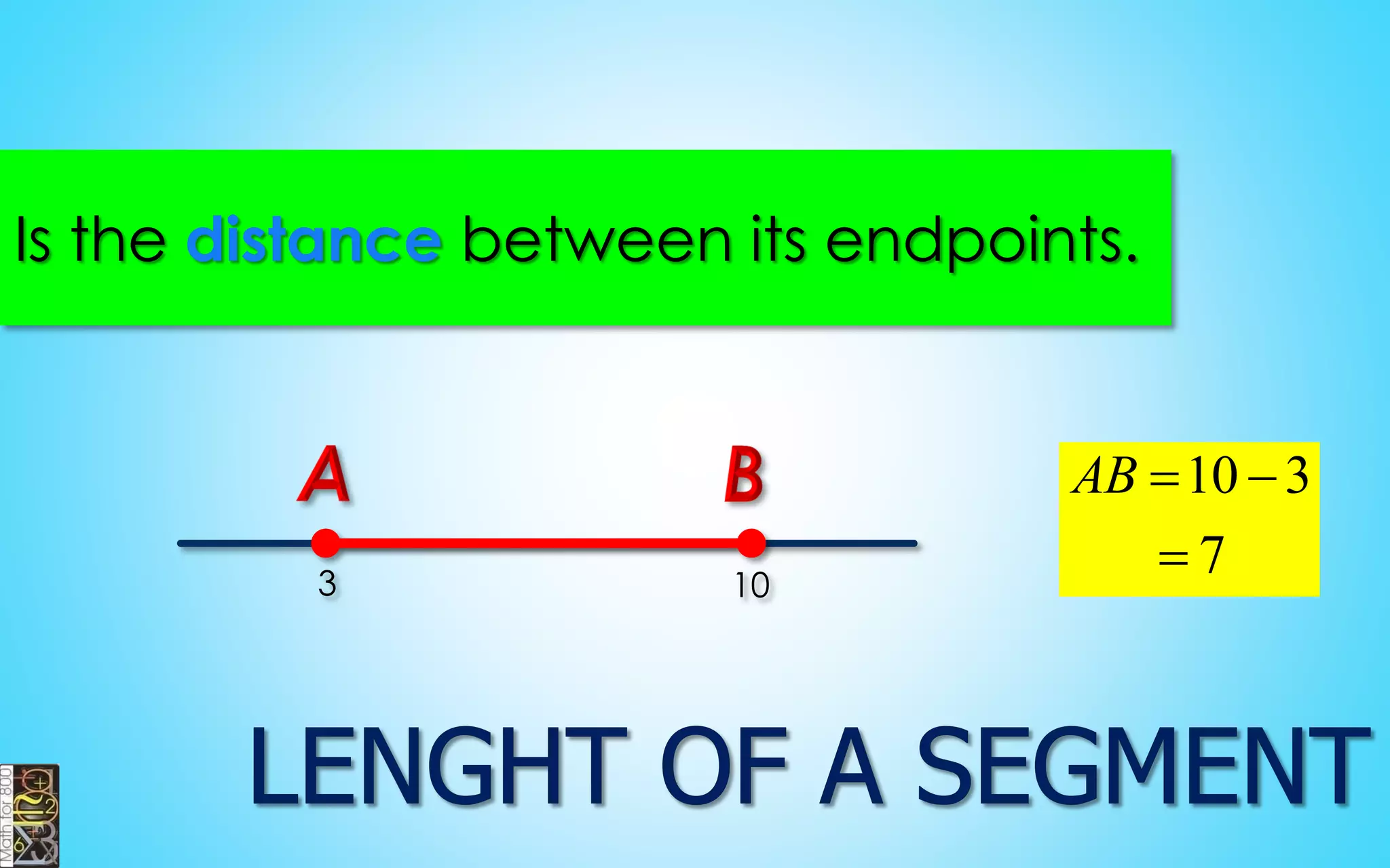 Is the distance between its endpoints. 
10 3 
7 
AB  
 
3 10 
 
