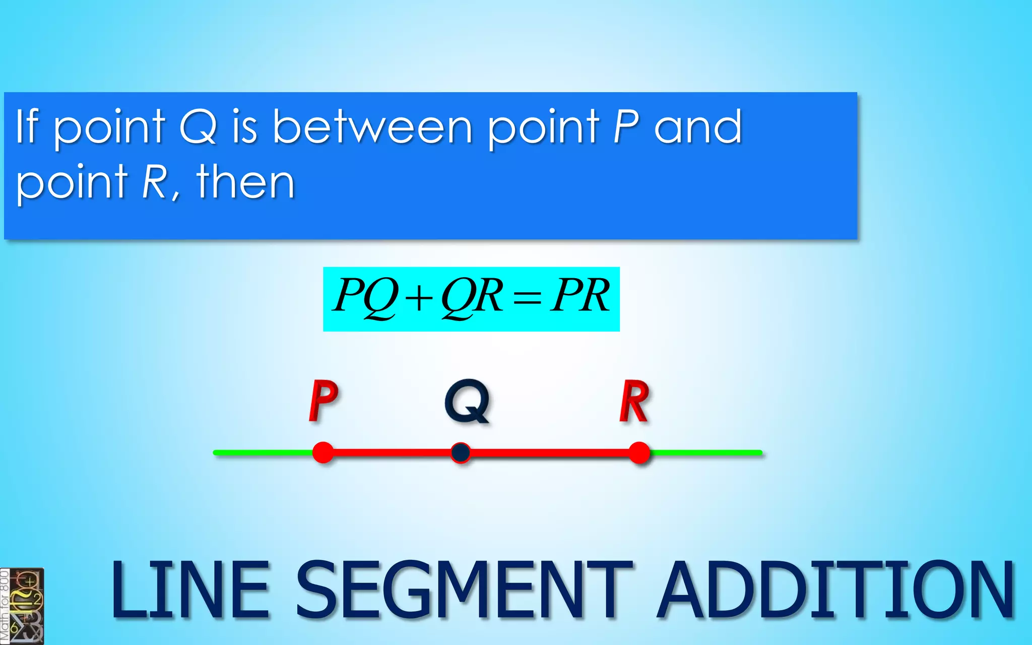If point Q is between point P and 
point R, then 
PQQR  PR 
 