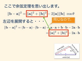 ここで余弦定理を思い出します。
kb ak2
= kak2
+ kbk2
2kakkbk cos ✓
kb ak2
= (b a) · (b a) = a · a + b · b 2a · b
= kak2
+ kbk2
2a · b
左辺を展開すると・・・
 
