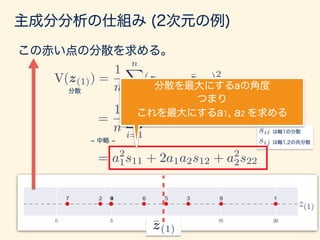 この赤い点の分散を求める。
主成分分析の仕組み (2次元の例)
V(z(1)) =
1
n
nX
i=1
(z(1)i ¯z(1))2
分散
=
1
n
nX
i=1
{(a · xi) (a · ¯x)}2
中略
は軸1の分散
は軸1,2の共分散
sii
sij
¯z(1)
z(1)
分散を最大にするaの角度
つまり
これを最大にするa1, a2 を求める
= a2
1s11 + 2a1a2s12 + a2
2s22
 