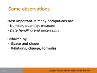 Some observations
Most important in many occupations are
- Number, quantity, measure
- Data handling and uncertainty
Followed by
- Space and shape
- Relations, change, formulas
7/1/2018 Source: Arthur Bakker, Freudenthal Insitute
 