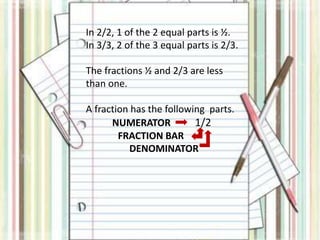 In 2/2, 1 of the 2 equal parts is ½. 
In 3/3, 2 of the 3 equal parts is 2/3. 
The fractions ½ and 2/3 are less 
than one. 
A fraction has the following parts. 
NUMERATOR 1/2 
FRACTION BAR 
DENOMINATOR 
 