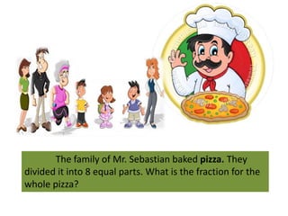 The family of Mr. Sebastian baked pizza. They 
divided it into 8 equal parts. What is the fraction for the 
whole pizza? 
 