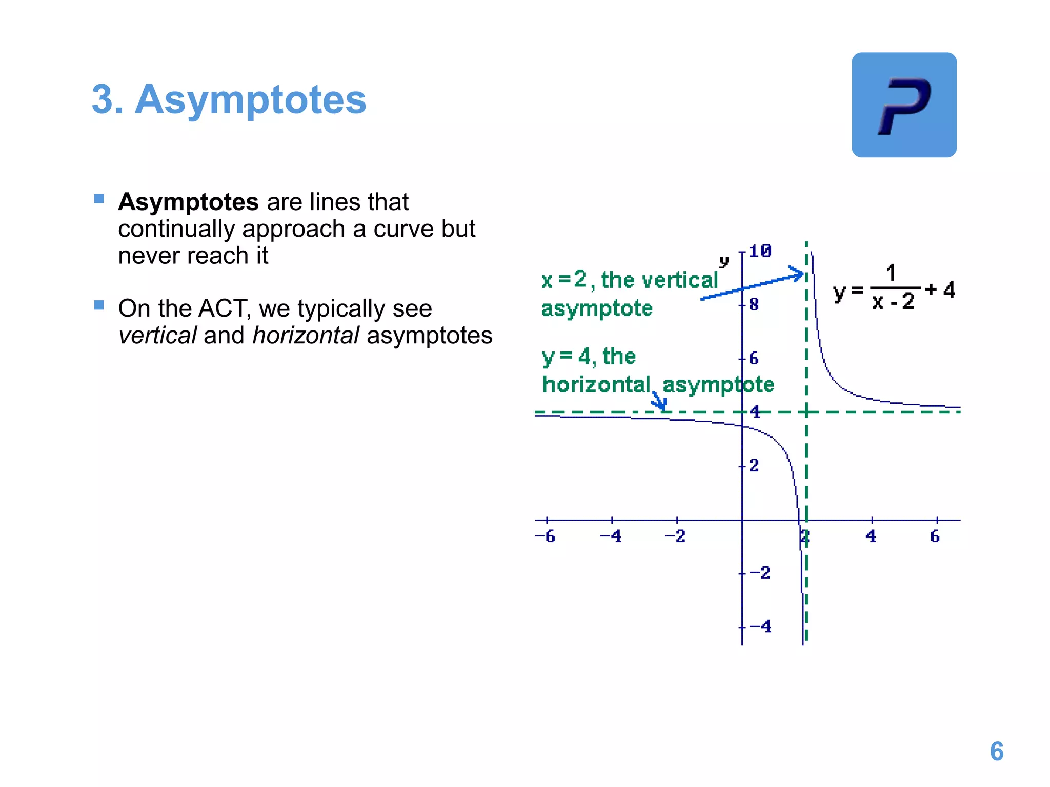 3. Asymptotes
 Asymptotes are lines that
continually approach a curve but
never reach it
 On the ACT, we typically see
vertical and horizontal asymptotes
6
 