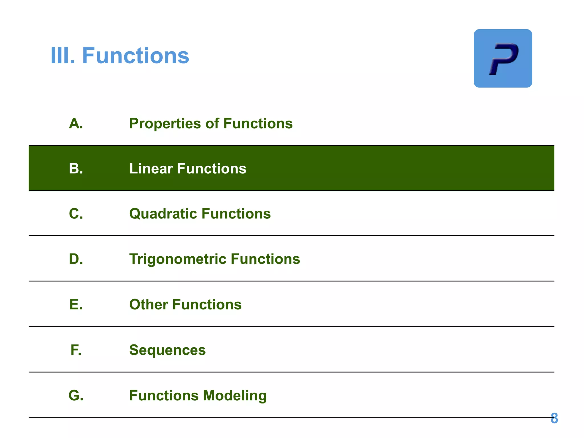 III. Functions
8
A. Properties of Functions
B. Linear Functions
C. Quadratic Functions
D. Trigonometric Functions
E. Other Functions
F. Sequences
G. Functions Modeling
 