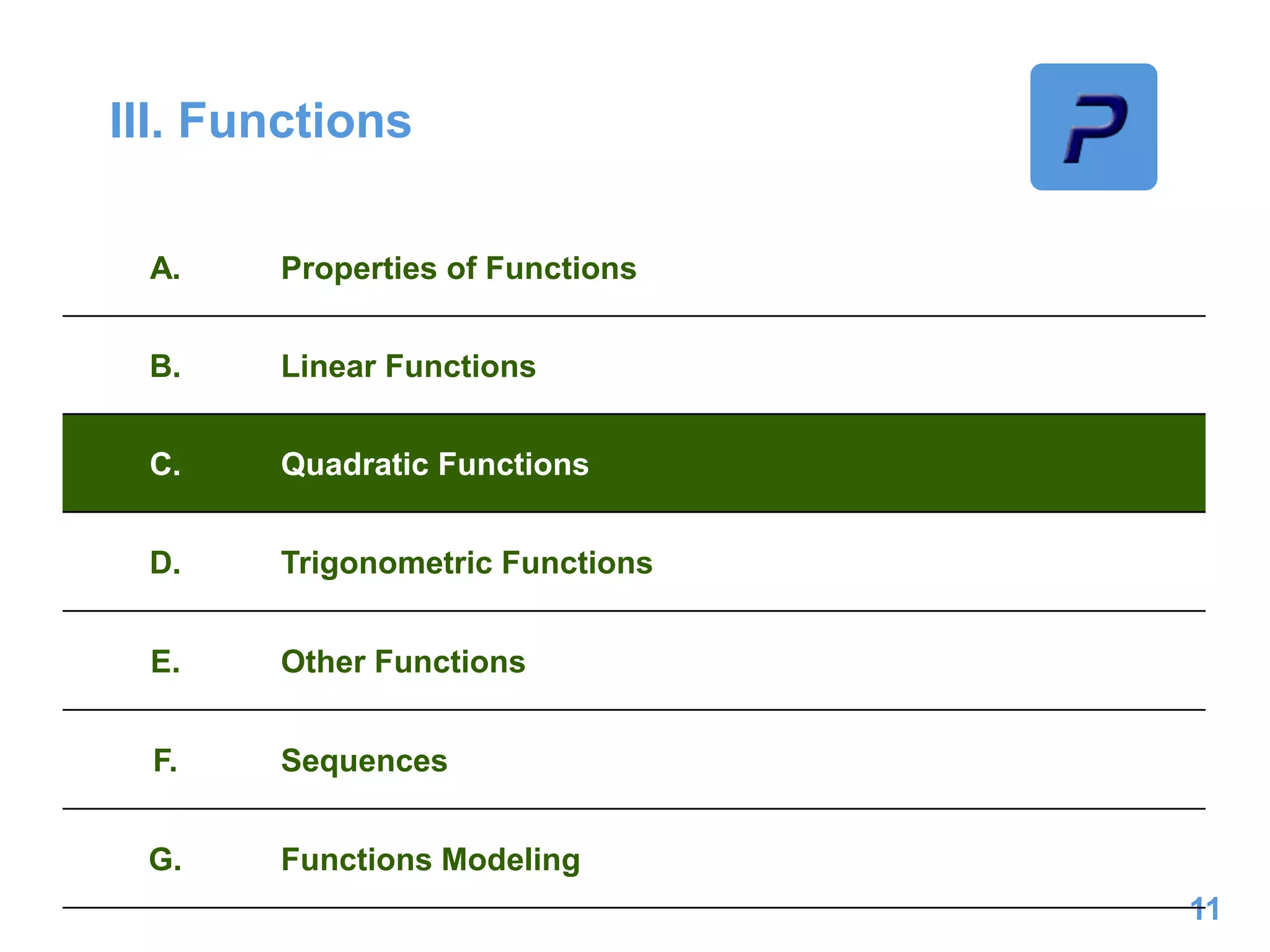 III. Functions
11
A. Properties of Functions
B. Linear Functions
C. Quadratic Functions
D. Trigonometric Functions
E. Other Functions
F. Sequences
G. Functions Modeling
 