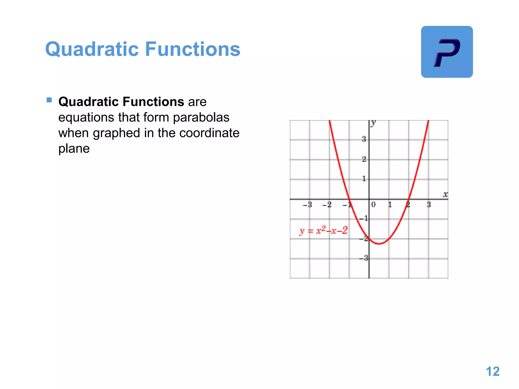 Quadratic Functions
 Quadratic Functions are
equations that form parabolas
when graphed in the coordinate
plane
12
 