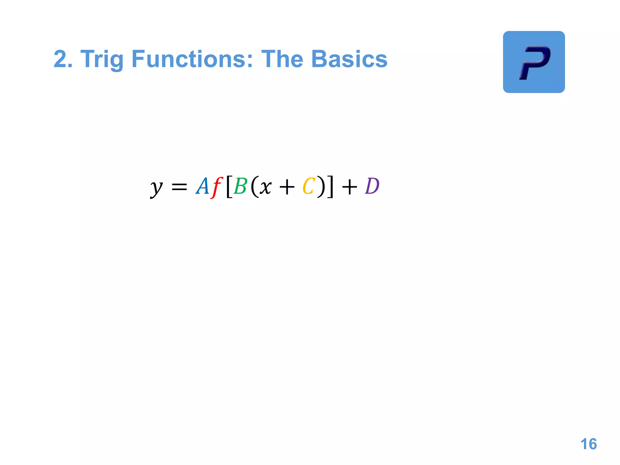 2. Trig Functions: The Basics
16
𝑦 = 𝐴𝑓 𝐵 𝑥 + 𝐶 + 𝐷
 