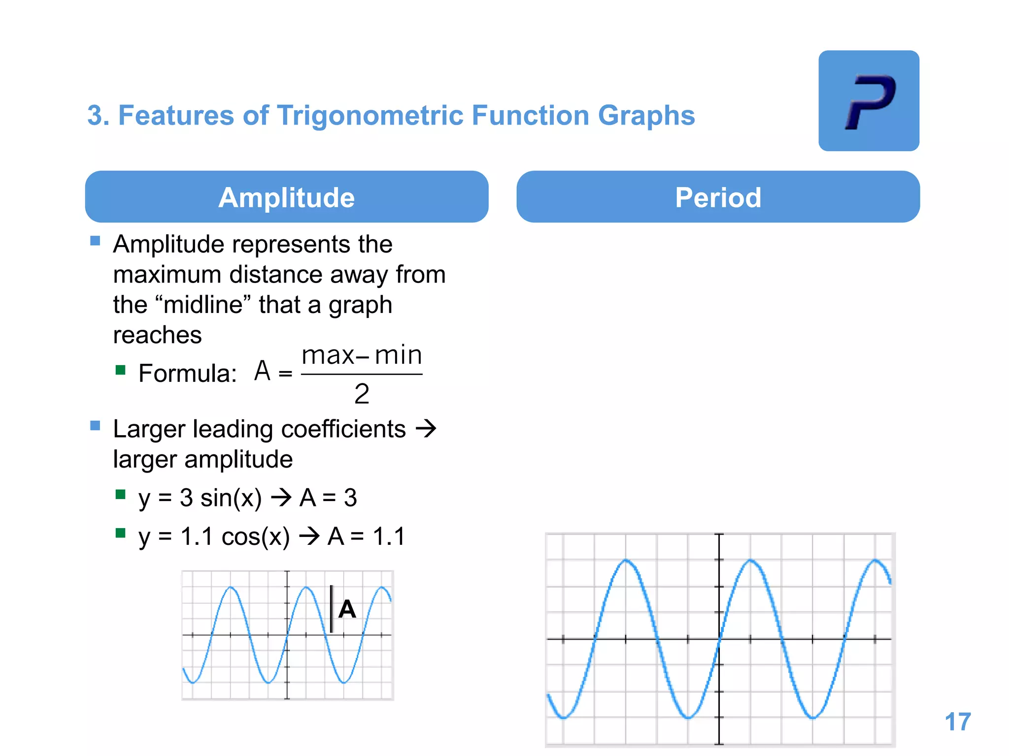 3. Features of Trigonometric Function Graphs
Amplitude
 Amplitude represents the
maximum distance away from
the “midline” that a graph
reaches
 Formula:
 Larger leading coefficients 
larger amplitude
 y = 3 sin(x)  A = 3
 y = 1.1 cos(x)  A = 1.1
Period
17
A
 