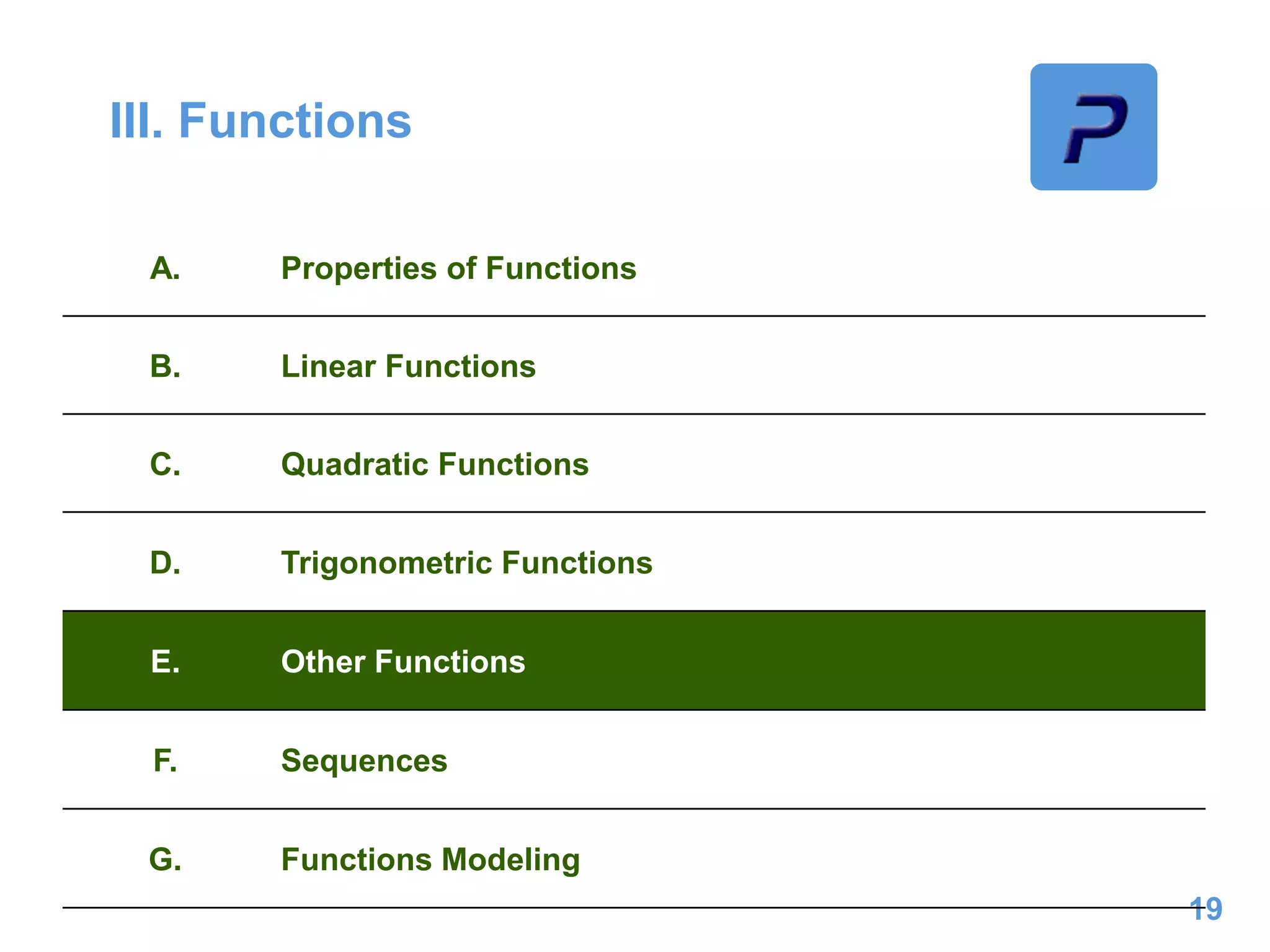 III. Functions
19
A. Properties of Functions
B. Linear Functions
C. Quadratic Functions
D. Trigonometric Functions
E. Other Functions
F. Sequences
G. Functions Modeling
 