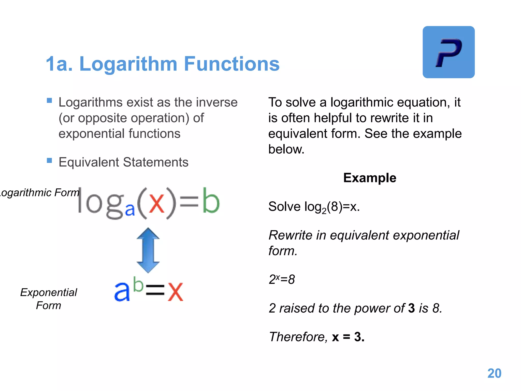 1a. Logarithm Functions
 Logarithms exist as the inverse
(or opposite operation) of
exponential functions
 Equivalent Statements
To solve a logarithmic equation, it
is often helpful to rewrite it in
equivalent form. See the example
below.
Example
Solve log2(8)=x.
Rewrite in equivalent exponential
form.
2x=8
2 raised to the power of 3 is 8.
Therefore, x = 3.
20
Logarithmic Form
Exponential
Form
 