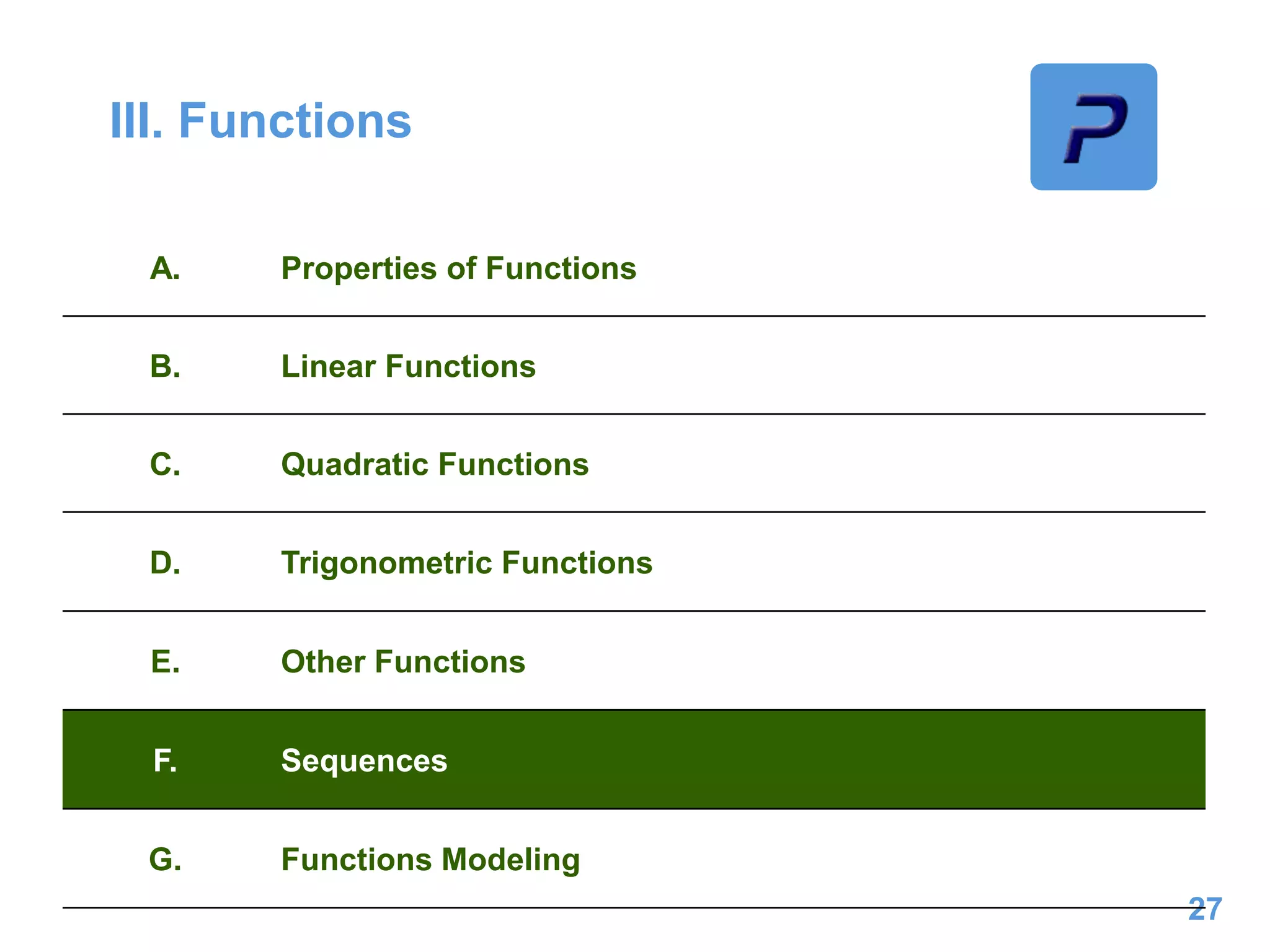 III. Functions
27
A. Properties of Functions
B. Linear Functions
C. Quadratic Functions
D. Trigonometric Functions
E. Other Functions
F. Sequences
G. Functions Modeling
 