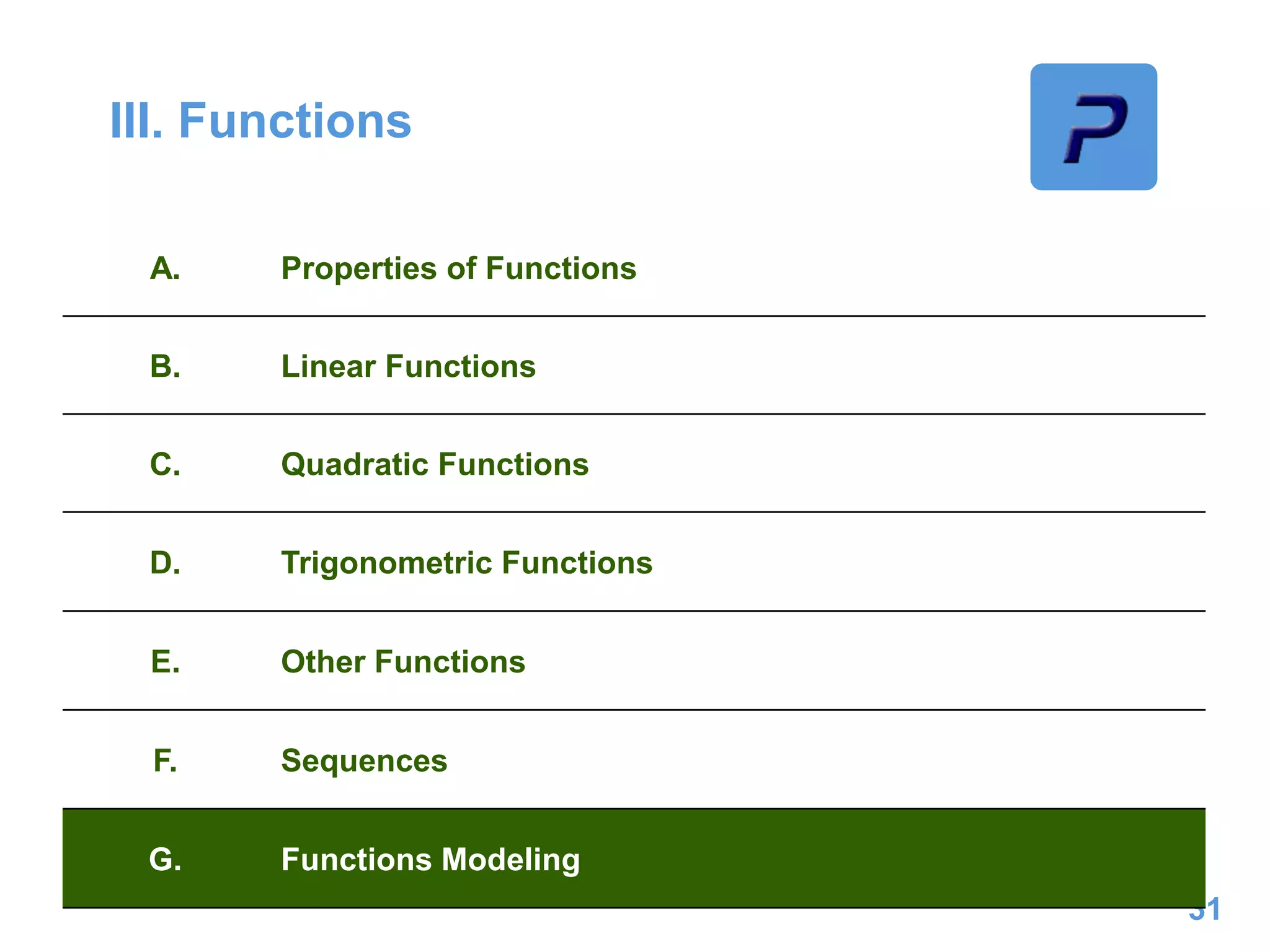 III. Functions
31
A. Properties of Functions
B. Linear Functions
C. Quadratic Functions
D. Trigonometric Functions
E. Other Functions
F. Sequences
G. Functions Modeling
 