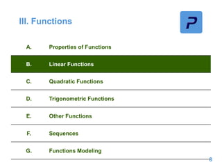 III. Functions
8
A. Properties of Functions
B. Linear Functions
C. Quadratic Functions
D. Trigonometric Functions
E. Other Functions
F. Sequences
G. Functions Modeling
 