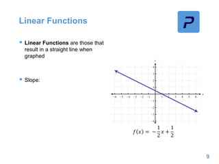 Linear Functions
 Linear Functions are those that
result in a straight line when
graphed
 Slope:
9
𝑓 𝑥 = −
1
2
𝑥 +
1
2
 